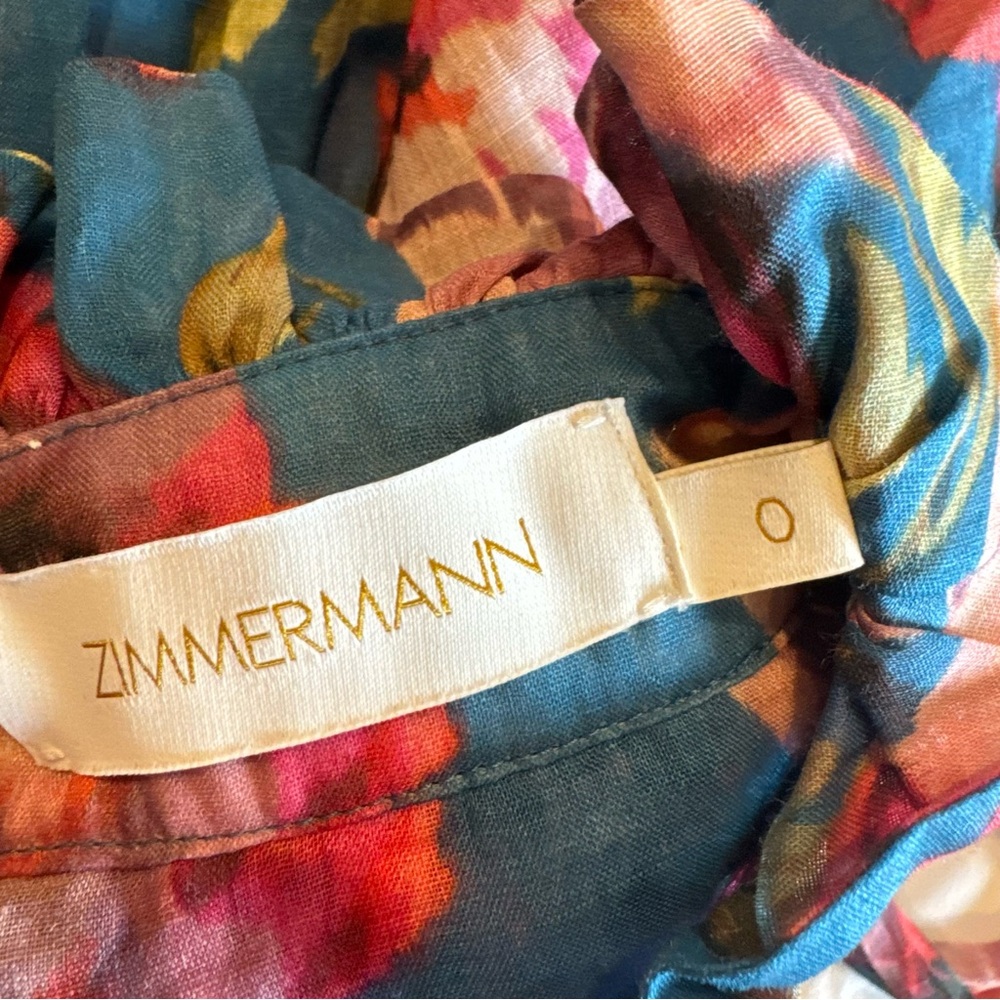 ZIMMERMANN Teal & Pink Floral-Print Cropped Ramie Blouse | Size 0 - Picture 7 of 8